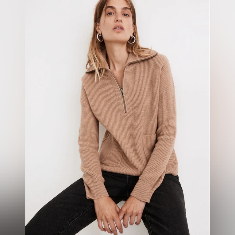 Madewell Glenbrook Half-Zip Pullover Wool Sweater in Camel Tan Size Large